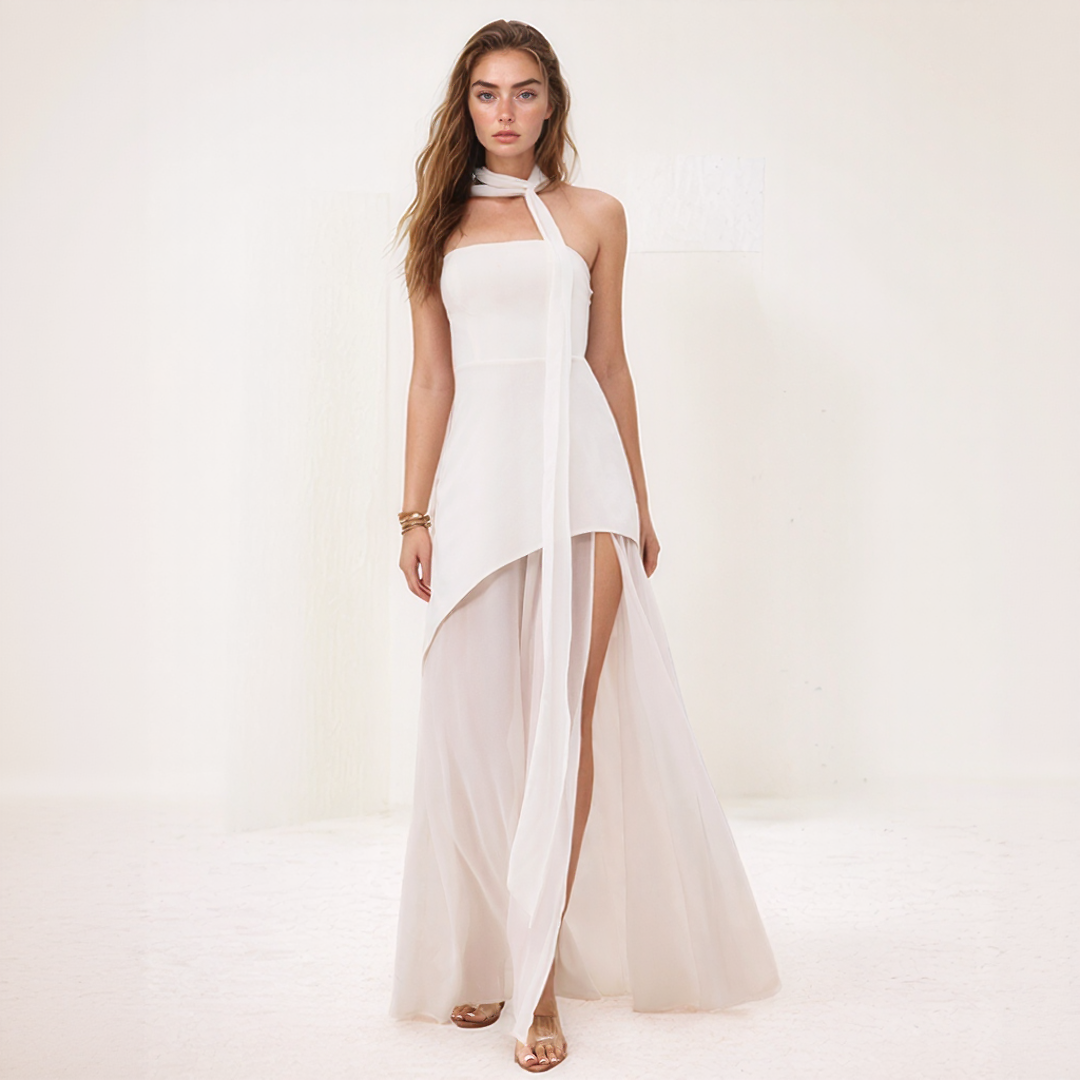 Nelly | Elegant Lang Kjole – Asymmetrisk Snitt Og Integrert Skjerf