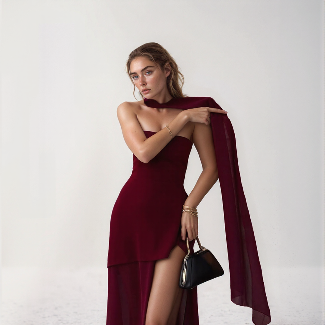 Nelly | Elegant Lang Kjole – Asymmetrisk Snitt Og Integrert Skjerf
