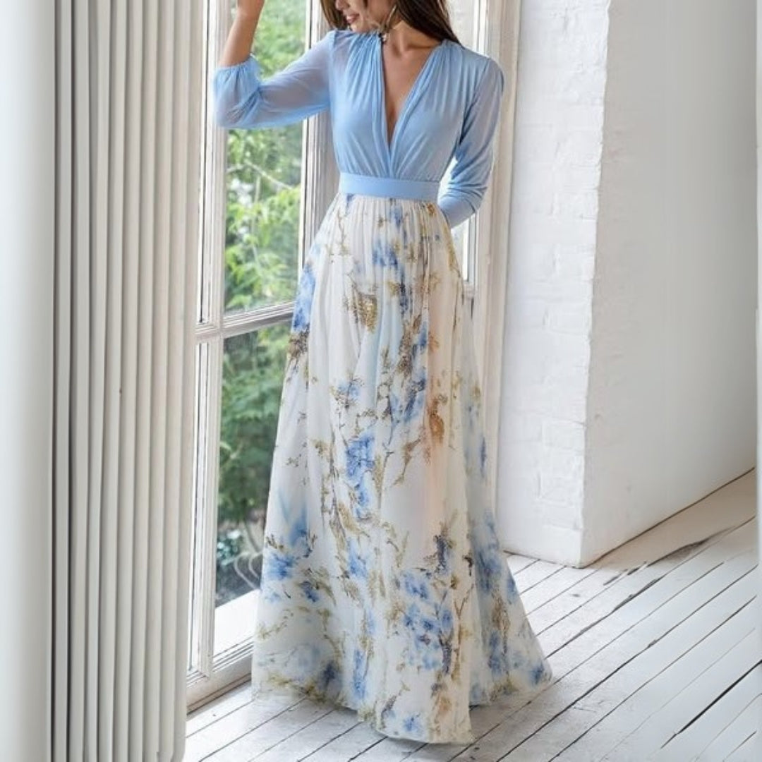Fiona | Vestido Longo Floral – Padrões Refinados e Silhueta Elegante