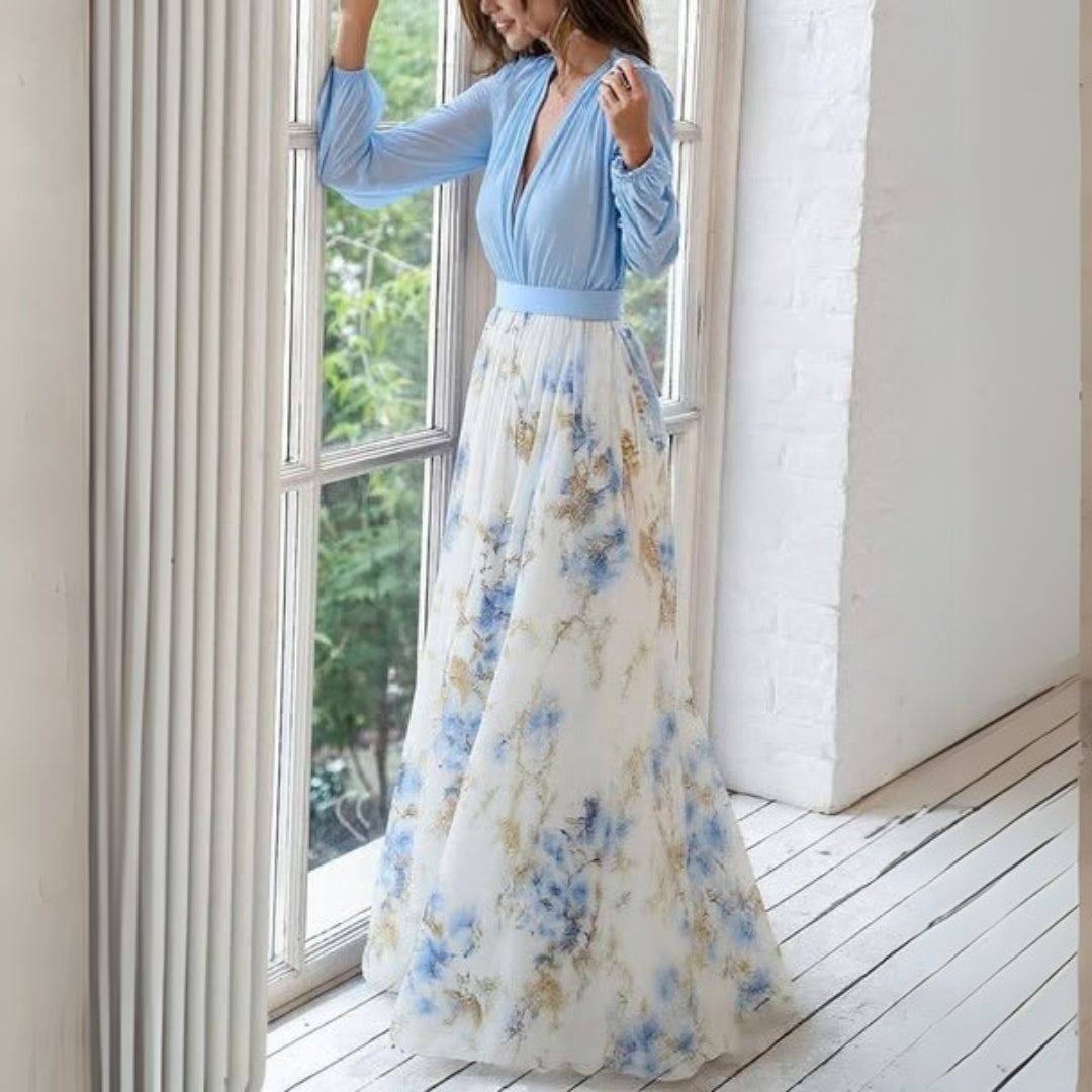 Fiona | Vestido Longo Floral – Padrões Refinados e Silhueta Elegante