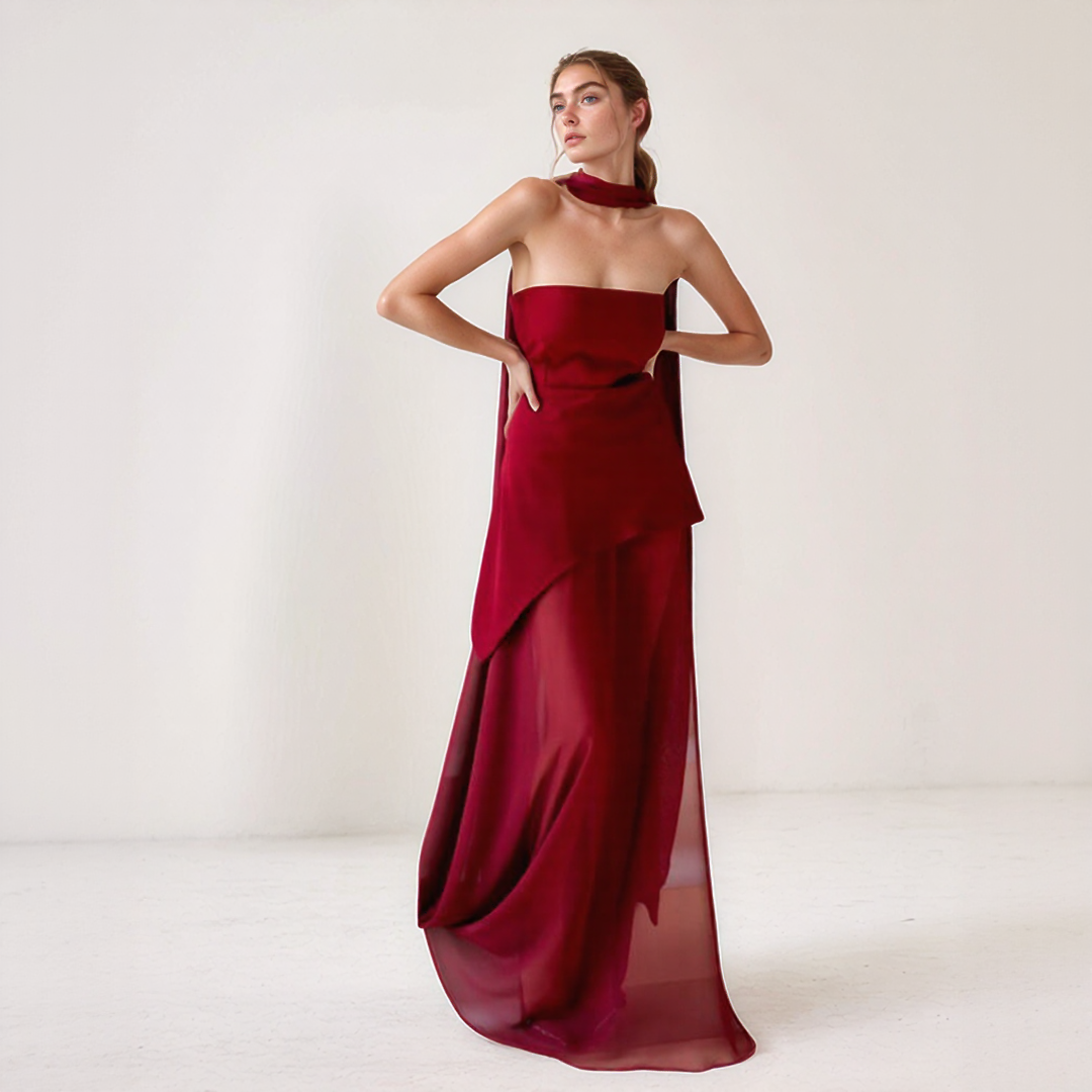 Nelly | Elegant Lang Kjole – Asymmetrisk Snitt Og Integrert Skjerf