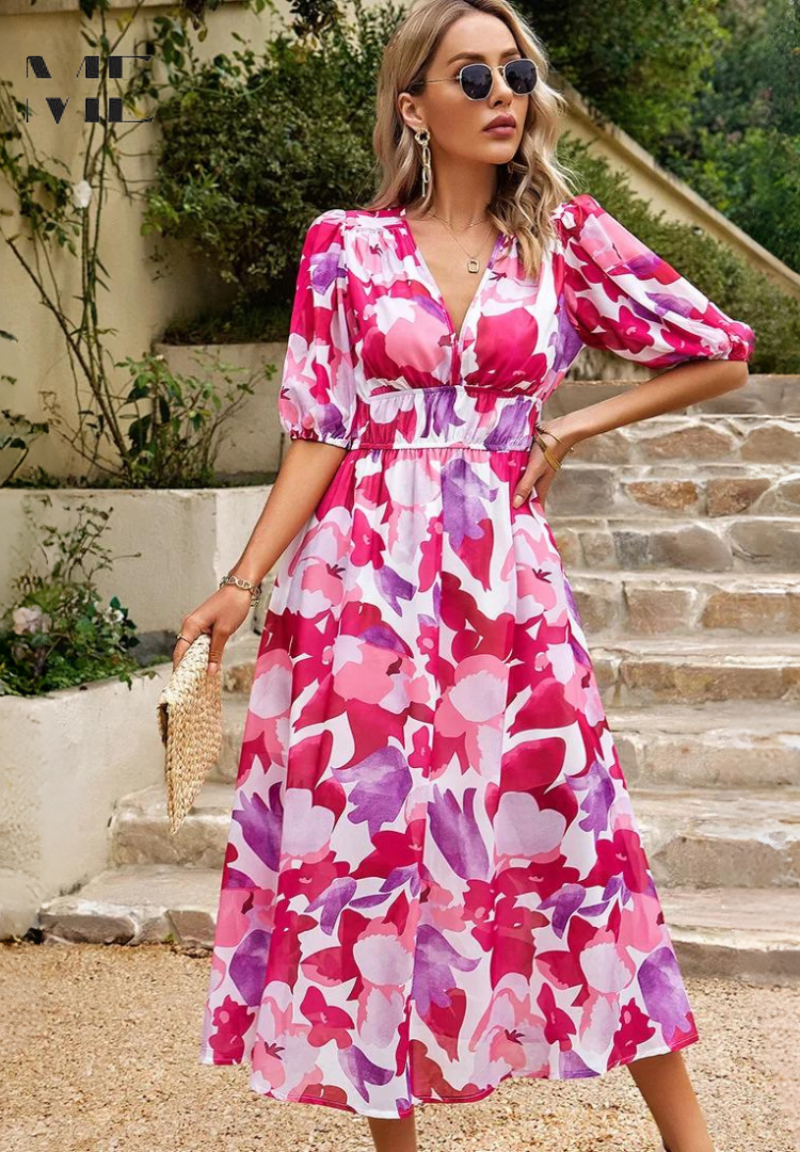 Alma | Blumen Kleid – Romantische Eleganz und strukturierte Ärmel 