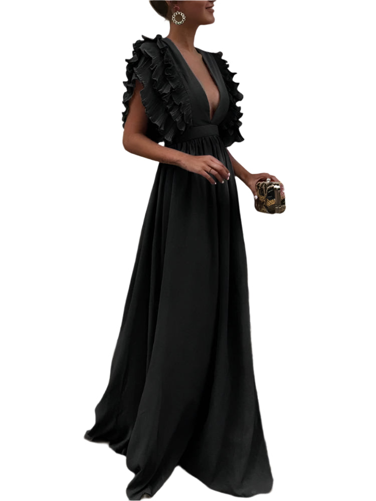 Louise | Vestido Largo Elegante con Volantes y Escote Profundo 