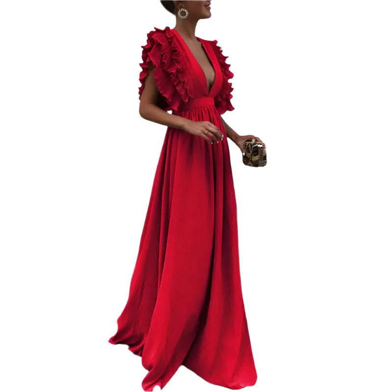 Louise | Vestido Largo Elegante con Volantes y Escote Profundo 