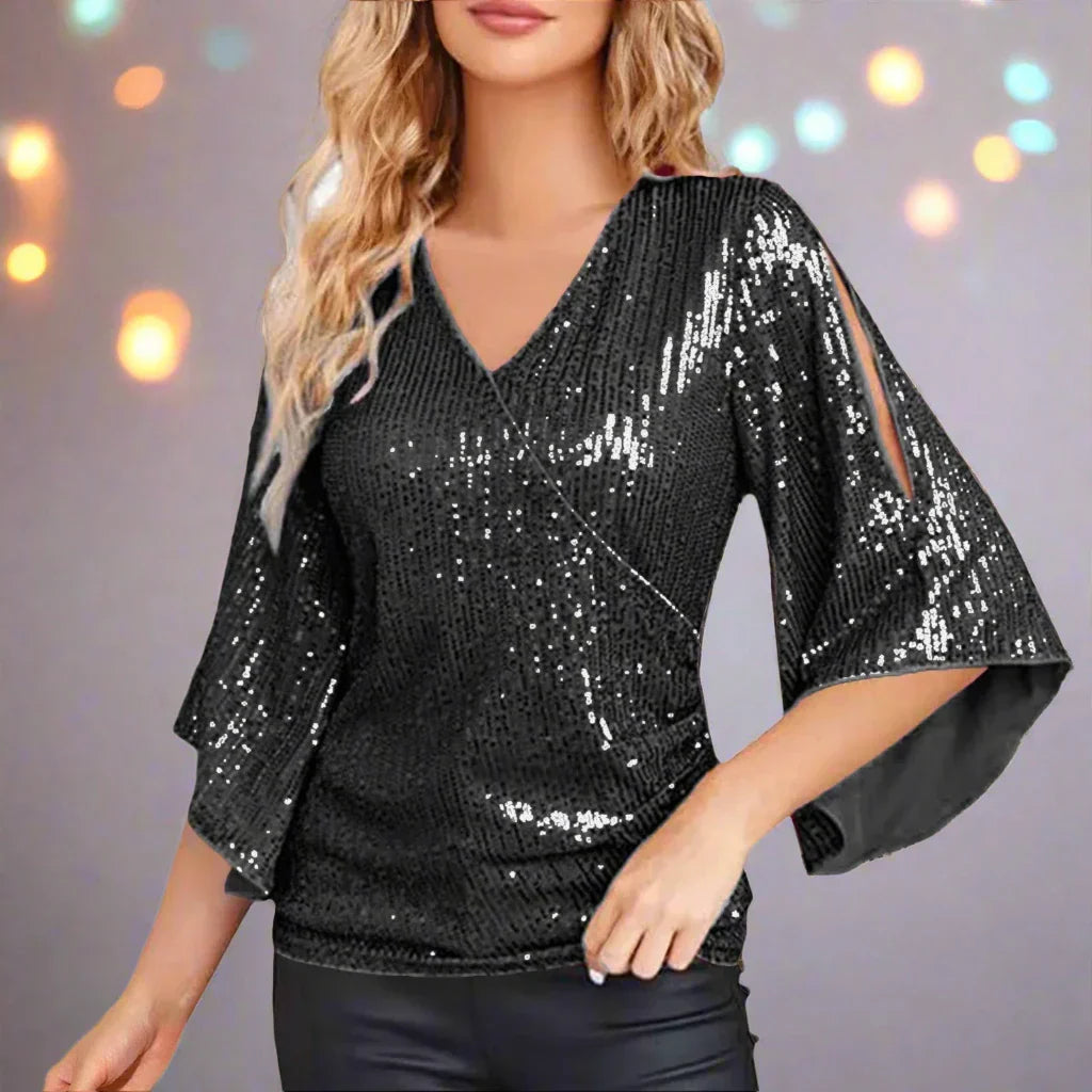 Céline | Glamour Bluse – Utsvingte Ermer Og Glitrende Detaljer 