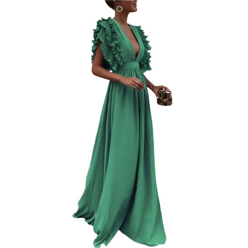 Louise | Vestido Largo Elegante con Volantes y Escote Profundo 