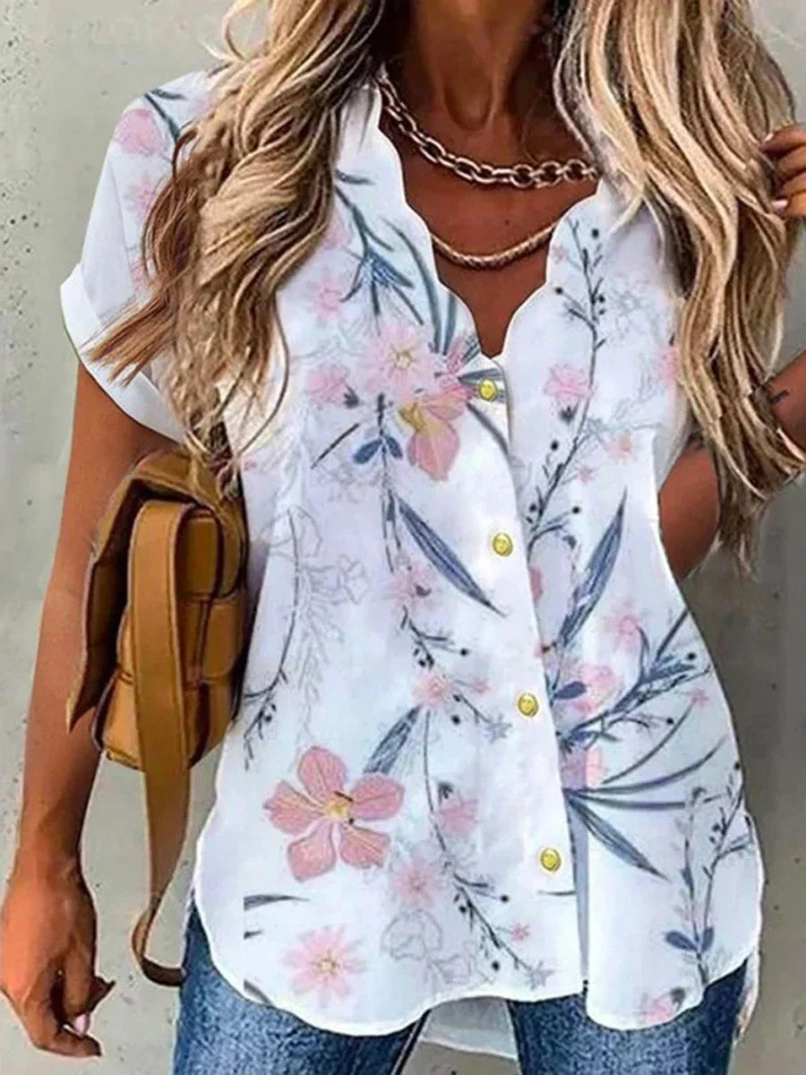 Bernice | Bluse med Blomster – V-hals og Romantiske Detaljer 