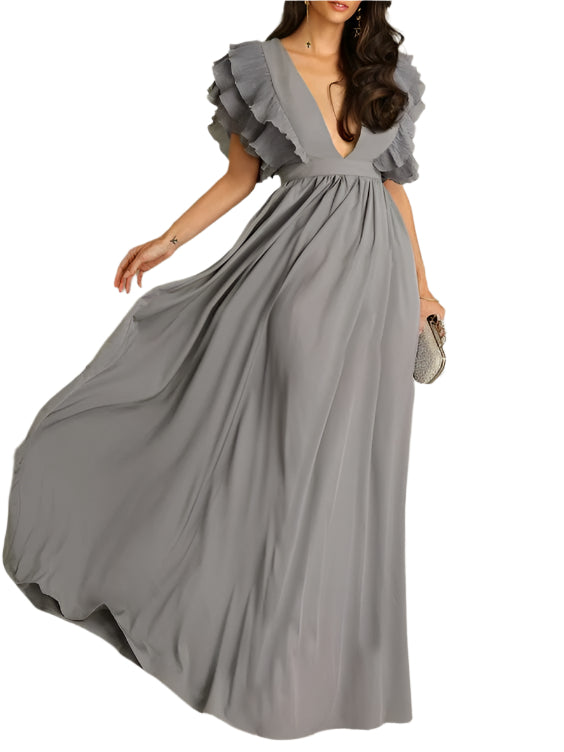 Louise | Vestido Largo Elegante con Volantes y Escote Profundo 