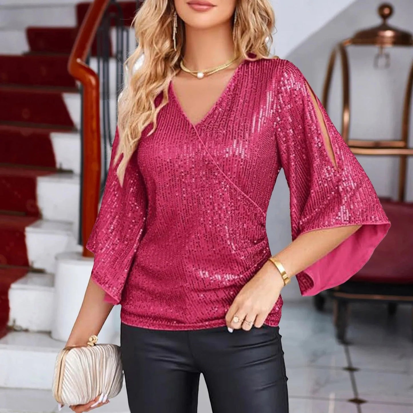 Céline | Glamour Bluse – Utsvingte Ermer Og Glitrende Detaljer 