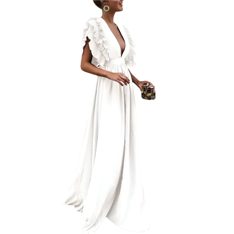 Louise | Vestido Largo Elegante con Volantes y Escote Profundo 