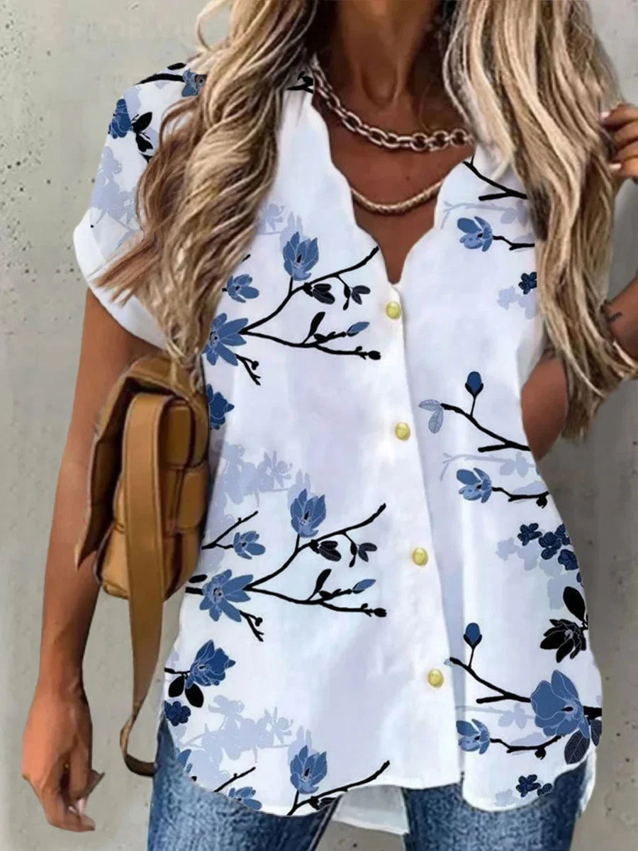 Bernice | Bluse med Blomster – V-hals og Romantiske Detaljer 