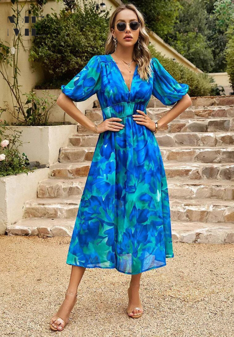 Alma | Blumen Kleid – Romantische Eleganz und strukturierte Ärmel 