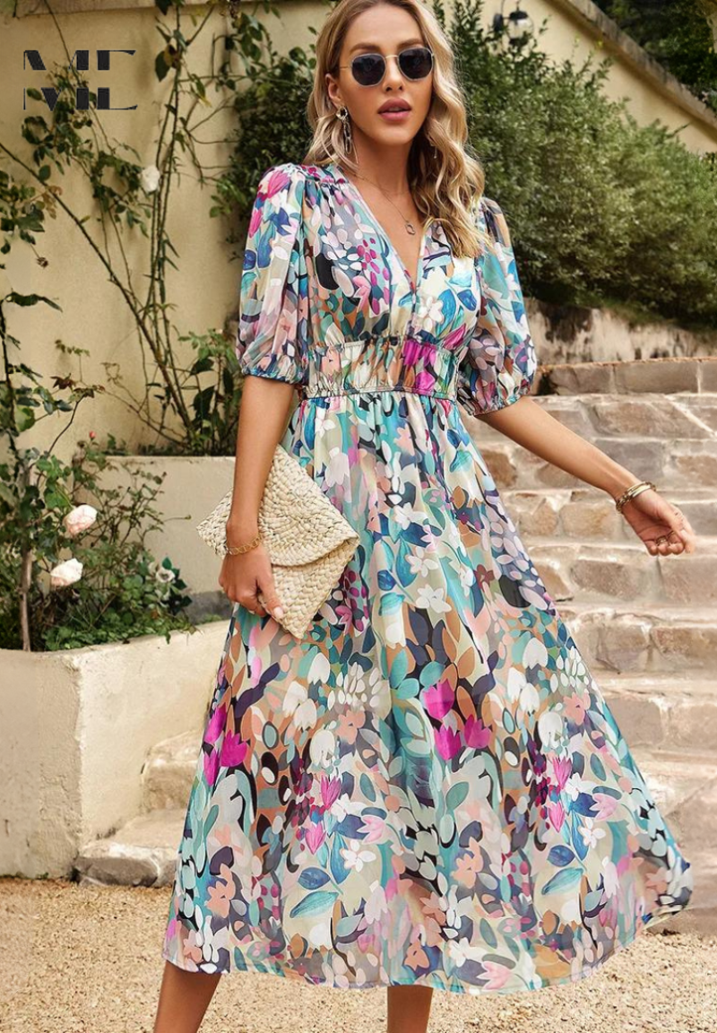 Alma | Blumen Kleid – Romantische Eleganz und strukturierte Ärmel 