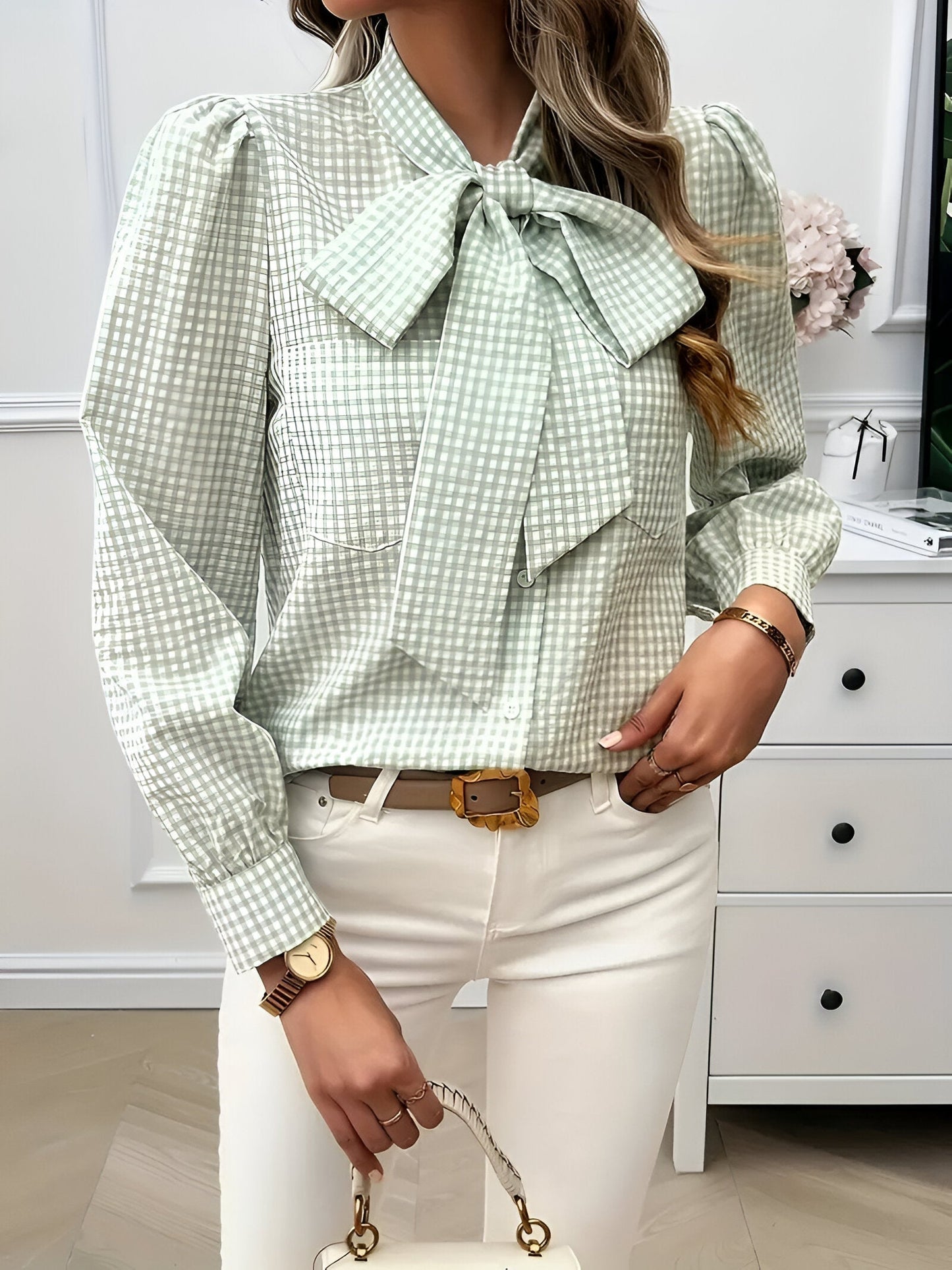 Cézanne | Rutete bluse med elegant sløyfe 