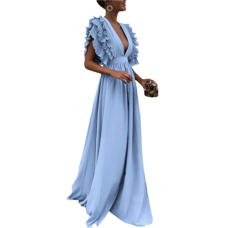 Louise | Vestido Largo Elegante con Volantes y Escote Profundo 