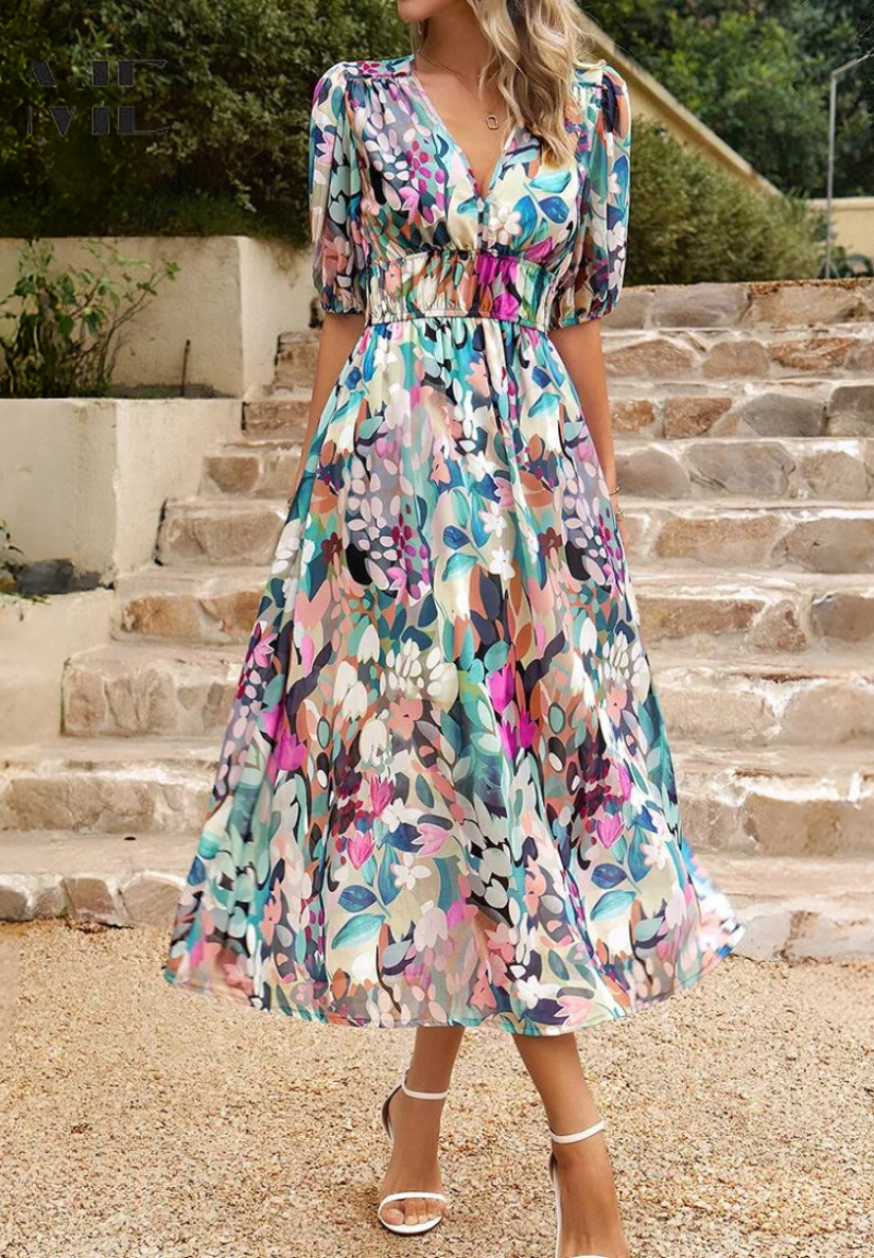 Alma | Blumen Kleid – Romantische Eleganz und strukturierte Ärmel 