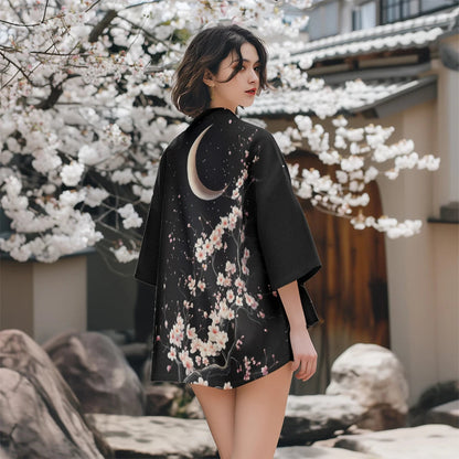 Clémence | Casaco Kimono Feminino Preto Estampado Flor de Cerejeira 